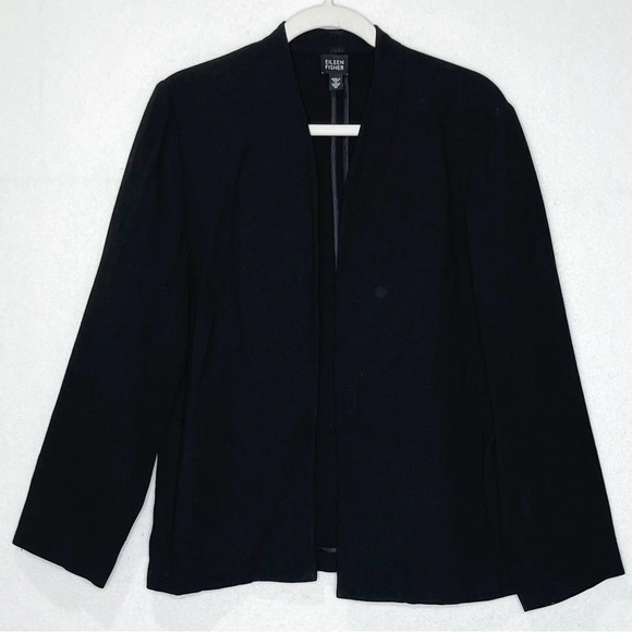 Eileen Fisher Black Ponte High Collar Jacket Open Blazer Size Medium Wool Blend - Picture 1 of 4